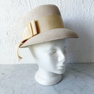 Genuine Panama Straw Hat Cloche Wide Brim Cream Grosgrain Ribbon Bow Vintage